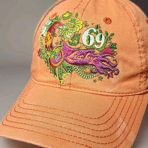 Lucky Brand 69 Orange Baseball Cap Hat Adj. Size Cotton Fairy Gypsy Whimsical